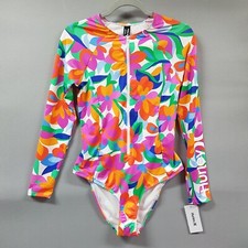 Hurley Women's Large Floral 1-pc Swimsuit Surf Rash Guard Long Sleeve Front Zip