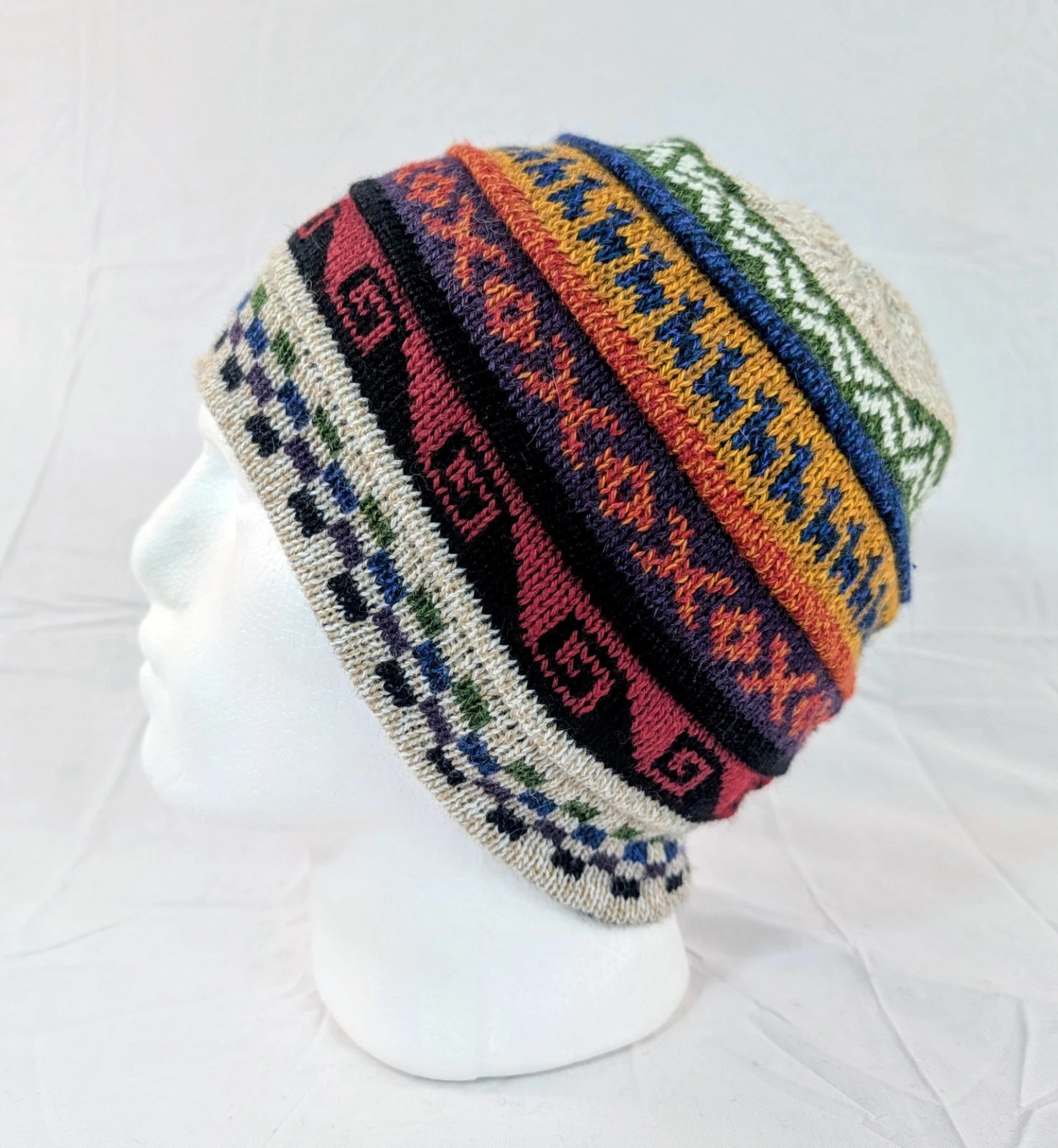Soft Baby Alpaca Reversible Beige Beanie Unisex Colorful Boho Aztec Llama Peru