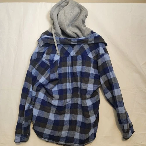 Stanley Men's XL Blue Grey Plaid Flannel Hooded Quilted Work Shirt Jacket Coat image 6