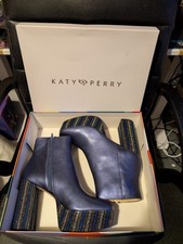 Stivali Katy Perry blu metallizzato platform tacco a blocco glitterato taglia UK 8 con scatola