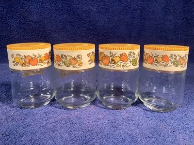 4 Vintage GEMCO Glass JAR Set SPICE Of LIFE Shaker LID Pyrex Corning RETRO Label