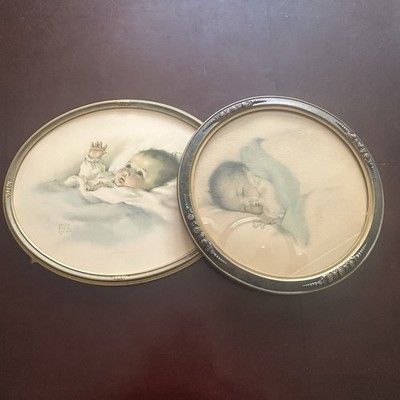 2 Vtg Bessie Pease Gutmann Awakening Bit Of Heaven Baby Signed Framed Ephemera￼