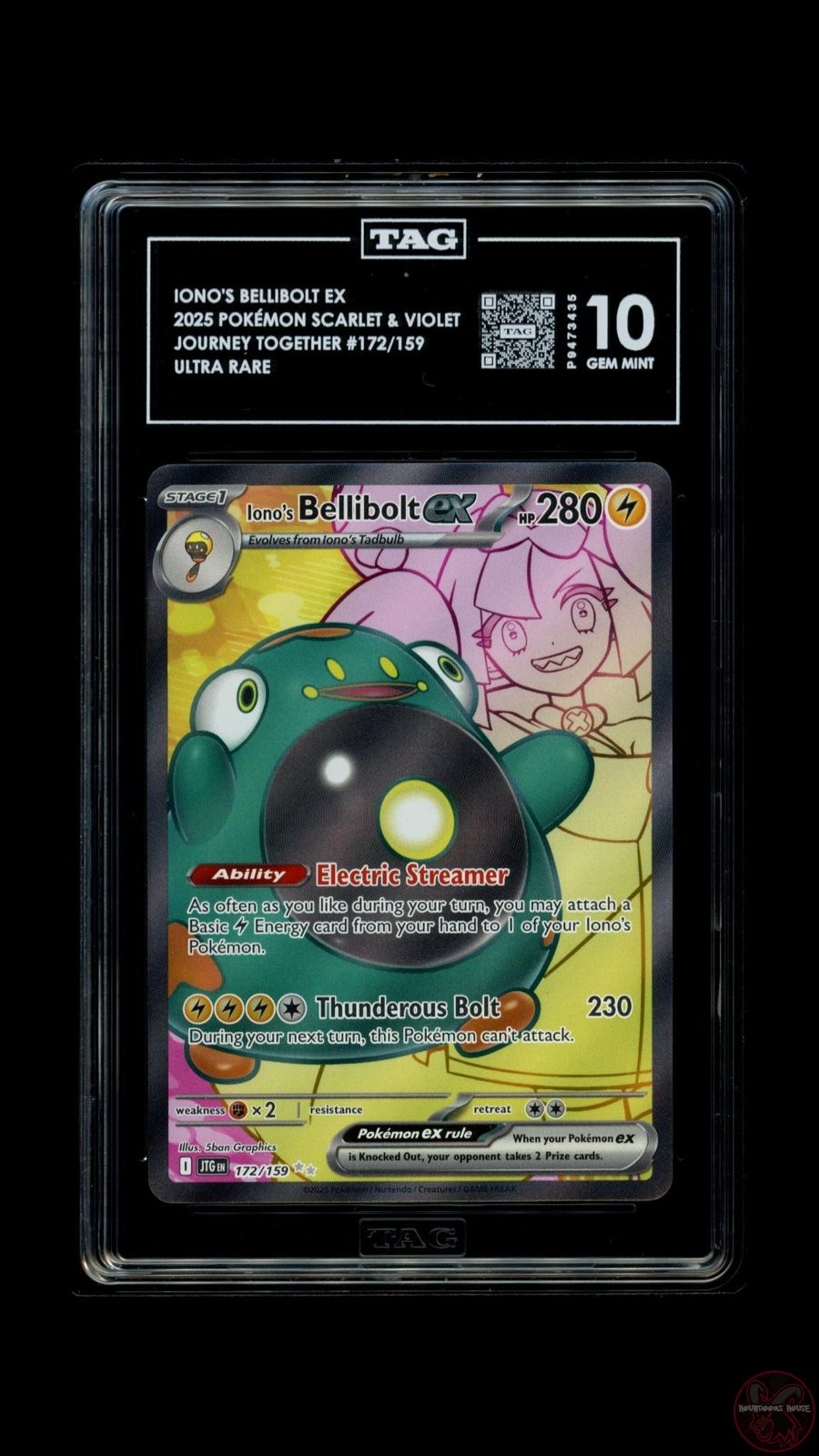 IONO'S BELLIBOLT EX 172/159 ULTRA RARE JOURNEY TOGETHER POKEMON TAG 10 GEM MINT