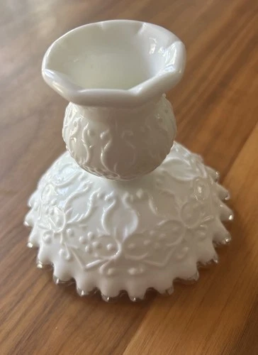 Fenton Spanish Lace Silver Crest Milk Glass Candle Holder