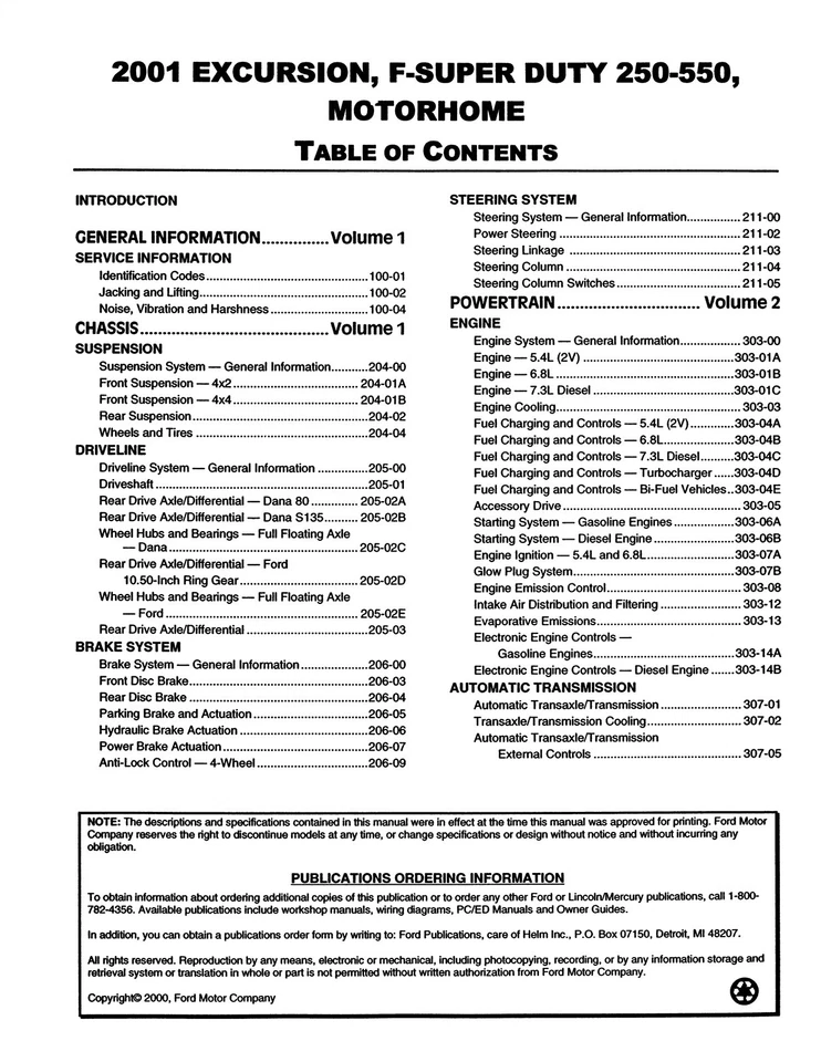 Ford F-Super Duty 250 2001, 350, 450, 550, autocaravana, manual de taller de excursiones Foto 2 de 4