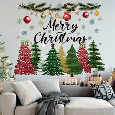2 Pcs Large Christmas Tree Wall Decals 44 x 32 Merry Christmas Snow Watercolo...