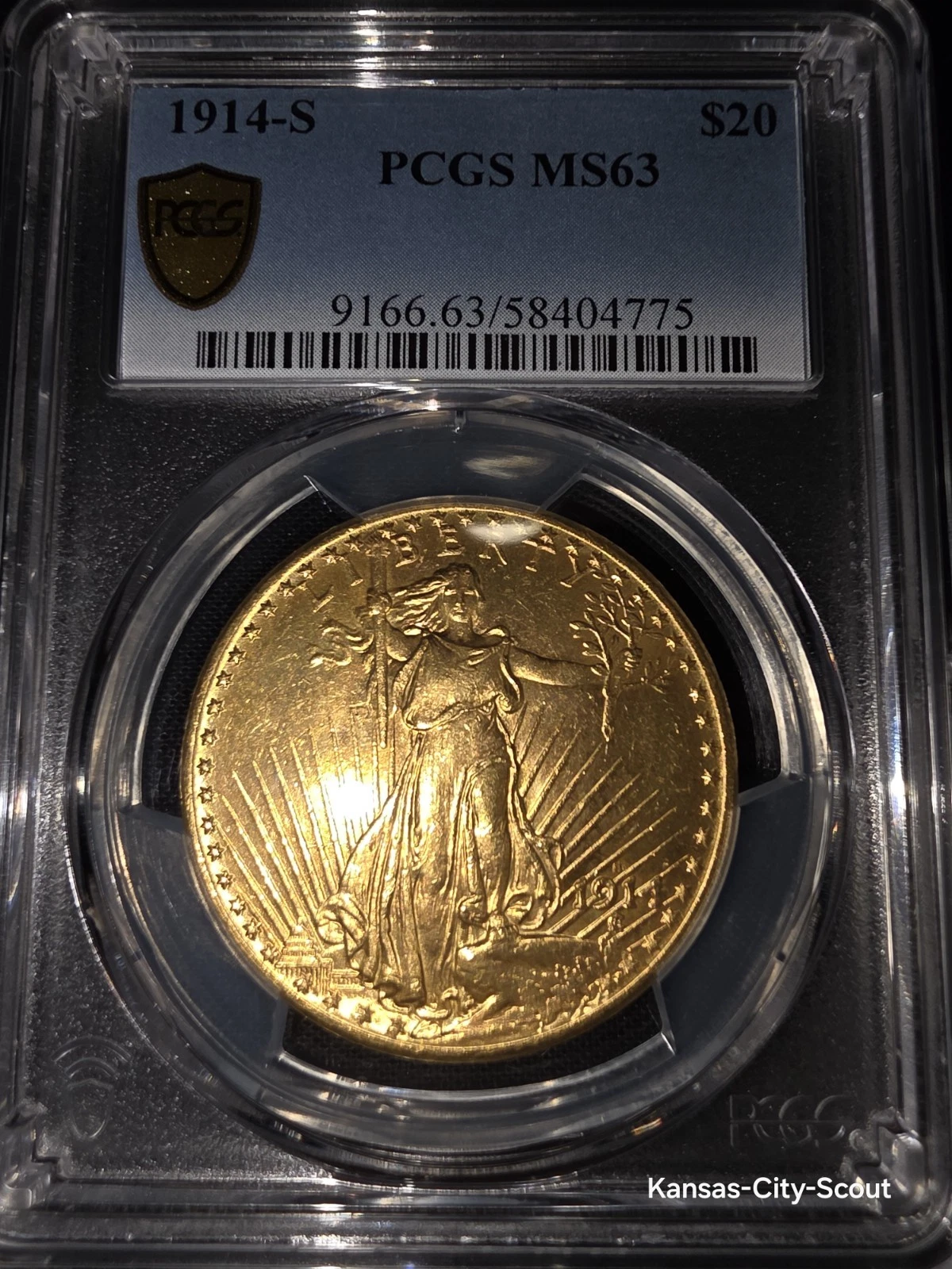 1914-S $20 Gold Saint Gaudens MS-63 PCGS  Gold Sheld Lable TrueView Photo.