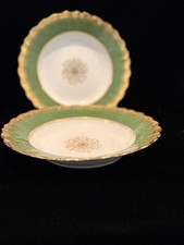 Antique Limoges Porcelain Bowls Green, Gold Encrusted Scalloped Rim Set of 2