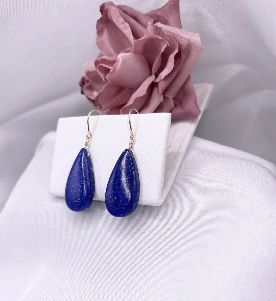 Серьги с голубым лазуритом натуральный бриолет — висячие капли — 14-каратное золото — ручная работа - Изображение 2 из 4