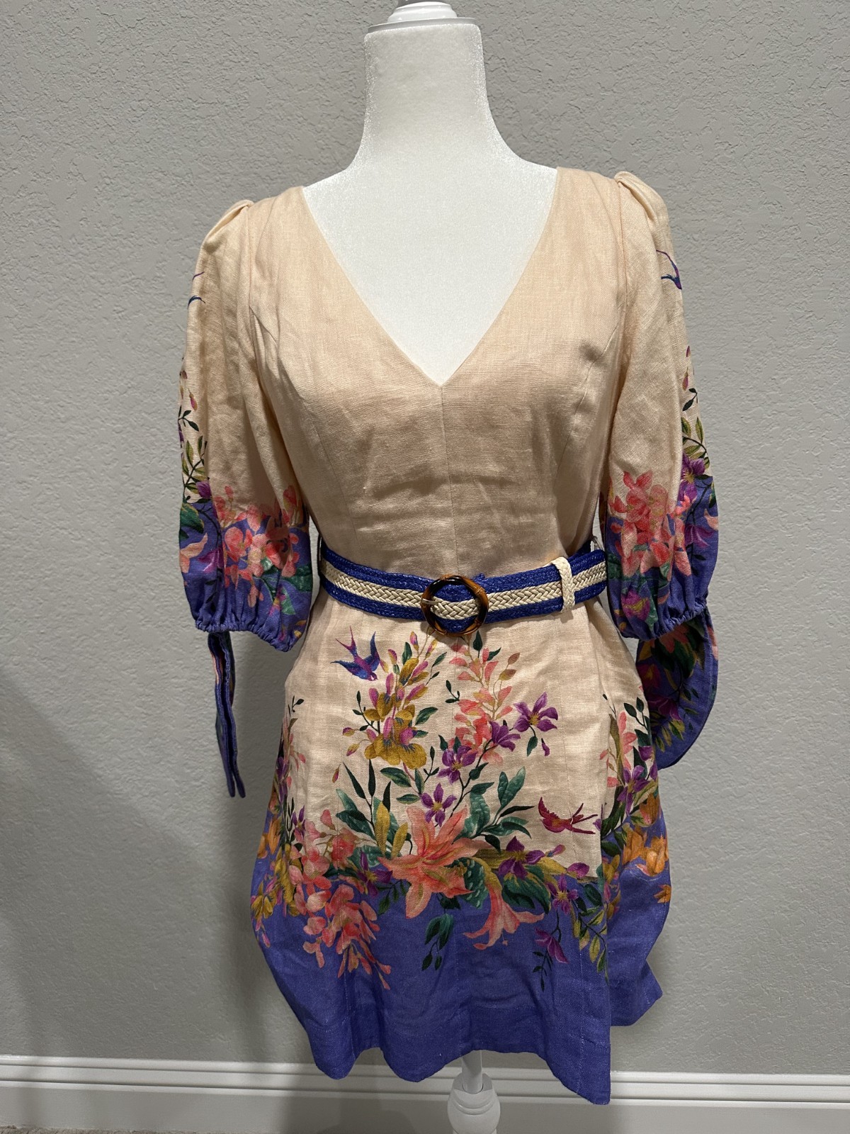Zimmerman V Neck Mini Dress, mainly features purple and beige, size 1