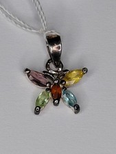 Sterling Silver 925 Butterfly Pendant With Multicolor Gemstones