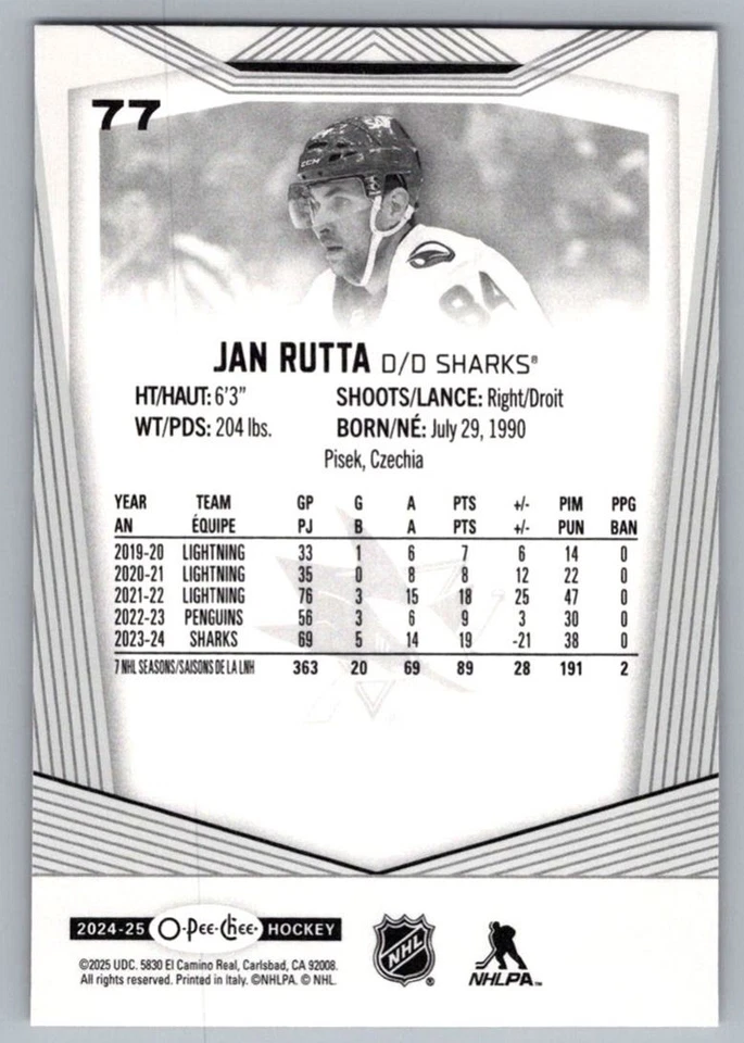 2024-25 O-Pee-Chee Jan Rutta San Jose Sharks #77 - Image 2 of 2