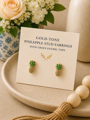 gold-tone pineapple stud earrings with green enamel tops