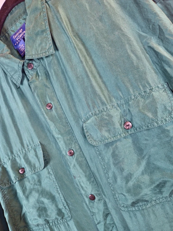 Vintage Cambridge Classics 100% Silk Hunter Green Shirt L Mervyns Button Up Y2K - Image 3 of 4