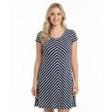 T by Talbots Navy Blue White Chevron Stripe A Line French Terry Dress - Medium