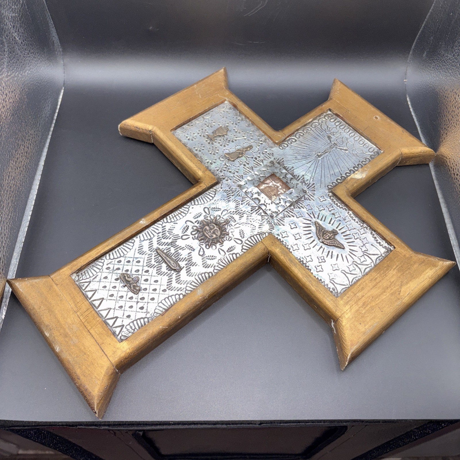 XL Vtg Mexican Milagro Cross 15.5" Repujado Tin Copper Nicho Folk Art Religious
