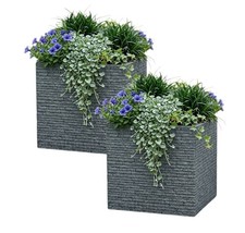 2 Large Square Brick Effect Planter Ash Grey Slate Plastic Patio Plant Pot 38cm