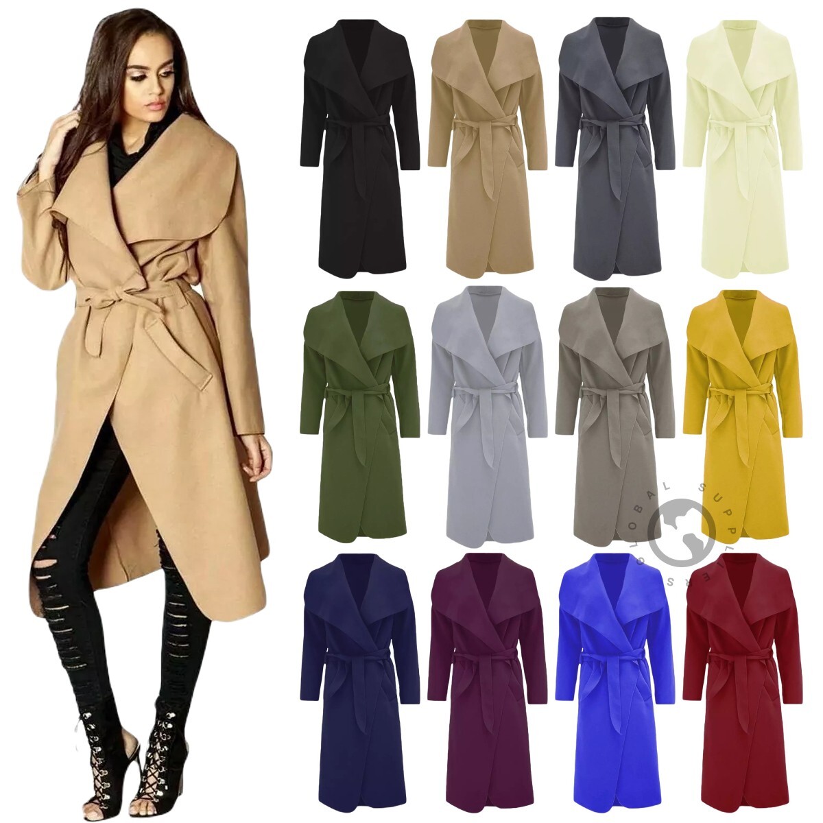 Womens Long Italian Waterfall Duster Coat Ladies Belted Drape Trench Jacket  8-22
