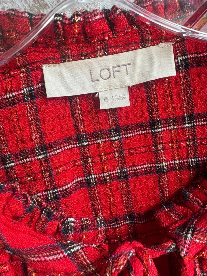 LOFT Long Sleeve Gold Shimmer Ruffle Plaid Dress Women's Size XL - Image 3 of 4