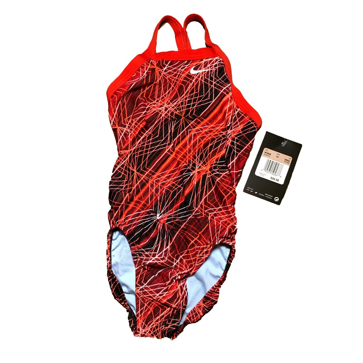の NWT Nike Size 20 Girls 5 One Piece Swimsuit Geometric Pattern Red