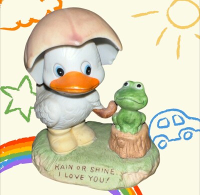 Vtg 1979 ENESCO Kitschy Duck Frog Porcelain Figurine Rain or Shine I Love You