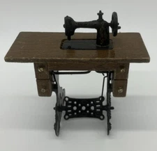 Vintage Miniature Dollhouse Sewing Machine Table Wood & Metal