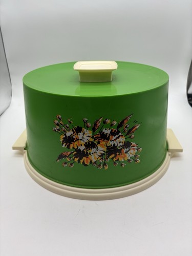 Vintage Cake Carrier/Storage, Green, White w/ Orange, Gold Floral Accent