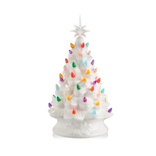 15" Pre-Lit Hand Painted White Ceramic Christmas Tree Tabletop Decor with Lights