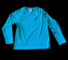 NAUTICA Rash Guard Long Sleeve UPF 30 Women Sz L Sun Shirt Swim Neon Blue Logo