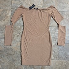 NWT Fashion Nova Slay Like Ky Dress Mocha Shoulder Cutout Body Con Mini Dress M