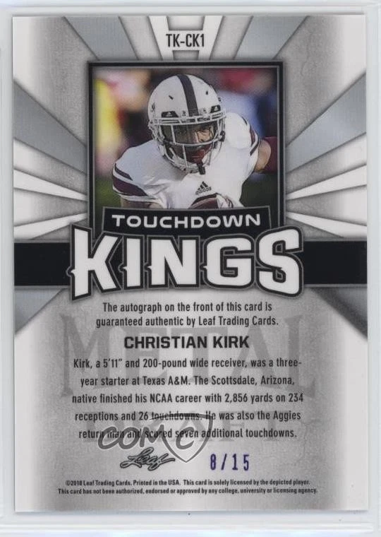 2018 Leaf Metal Draft Touchdown Kings Purple /15 Christian Kirk Rookie Auto RC - Image 2 of 2