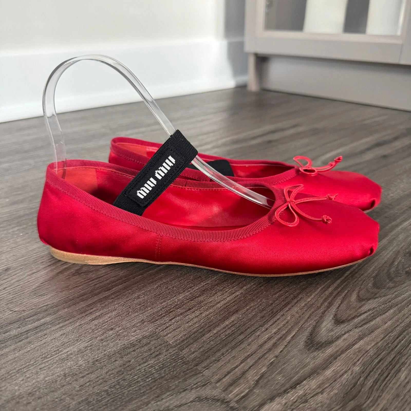 Miu Miu — Miu Miu Red Satin Dainty Leather Bow Ballet Flats 36 Logo Strap Shoes Holiday