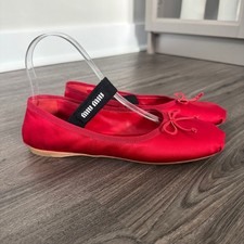 Miu Miu Red Satin Dainty Leather Bow Ballet Flats 36 Logo Strap Shoes Holiday