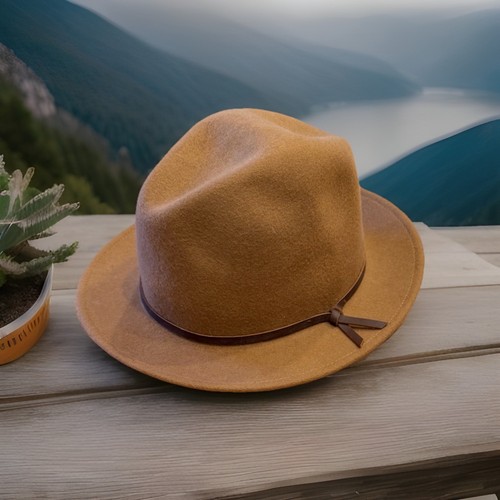 Yellow 108 Fedora Tan/Beige 100% Wool Hat Size Large- Boho Western USA Made - Picture 1 of 8