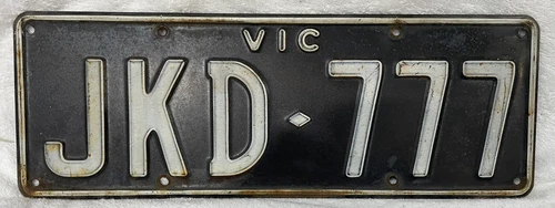 Vintage VICTORIAN Black & White Collector’s Car NUMBER PLATE “JKD 777” Tin Sign
