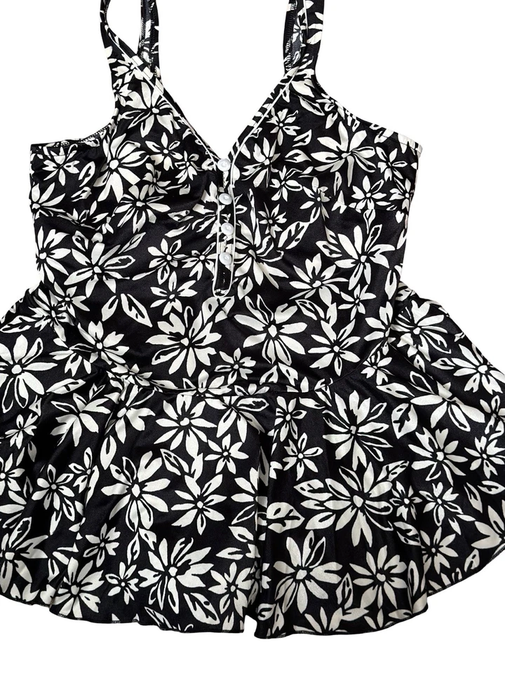 Maxine of Hollywood Vtg One Piece Swimsuit Skirt 20W Tropical Black White Floral - Image 3 of 4