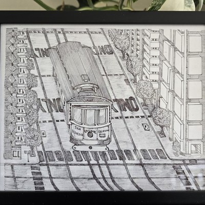 San Francisco art framed original drawing. 03 Cable Car Trolley