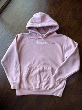 Glossier Hoodie Pullover Women's S Pink Fleece Logo Sweatshirt Kangaroo Pocket