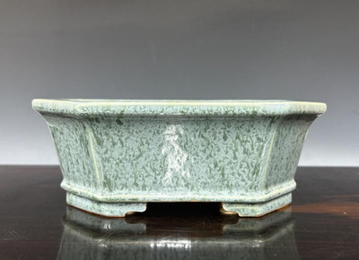 Japanische Bonsaischale Tokoname EIMEI 8'' (20,4cm) grün/grau glasiert rechtec...