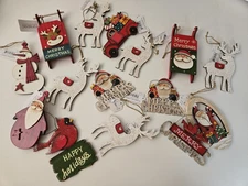 Mixed Lot of 15 Wooden Christmas Tree Ornaments, Reindeer, Santa's, Cardinals
