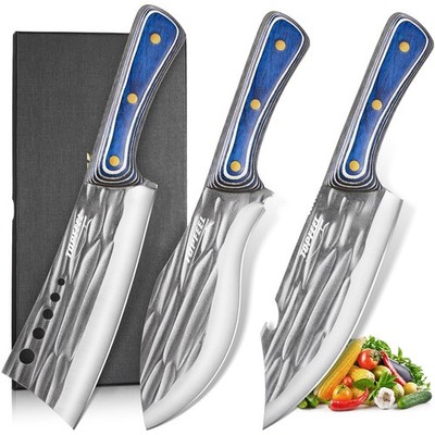 3PCS Butcher Knife Set for Meat Cutting， Hand Forged Professional Chef Knife ...