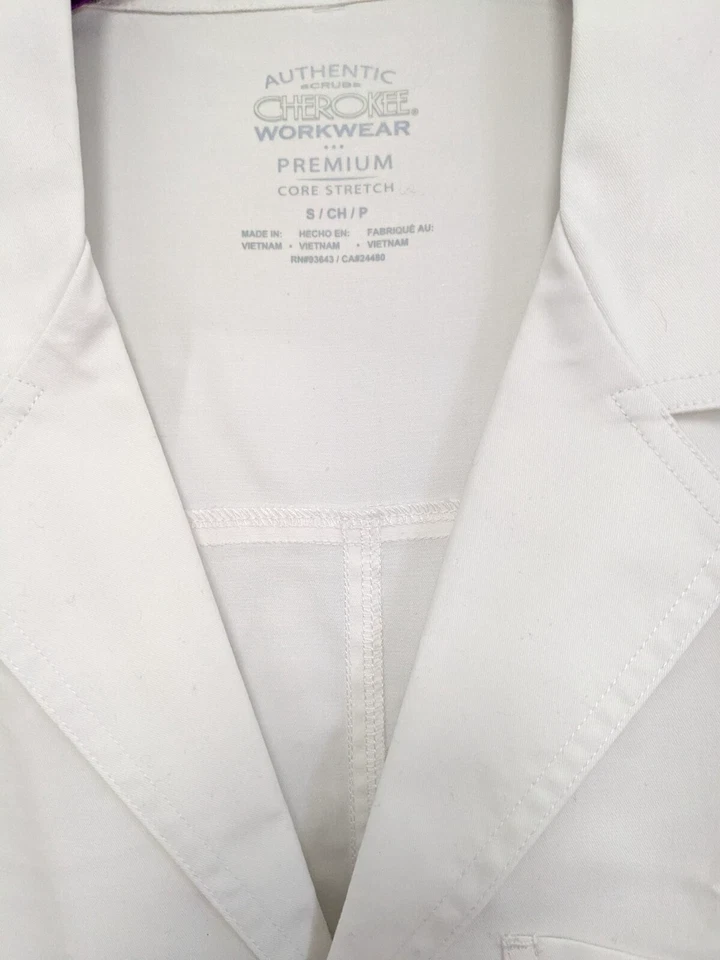 Cherokee Workwear Premium Core Stretch Unisex Lab Coat # 4421, SMALL Color~White - Image 2 of 4