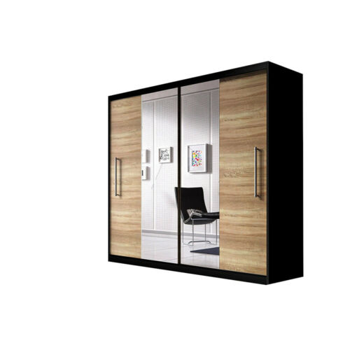 Kleiderschrank Schwebetürenschrank mit Spiegel Schrank 204cm NICO Schwarz+Sonoma - Bild 1 von 26