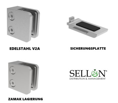 Glashalter Eckig Glasklemme Glass Clamp Edelstahl V2A Edelstahlfinisch Zink roh