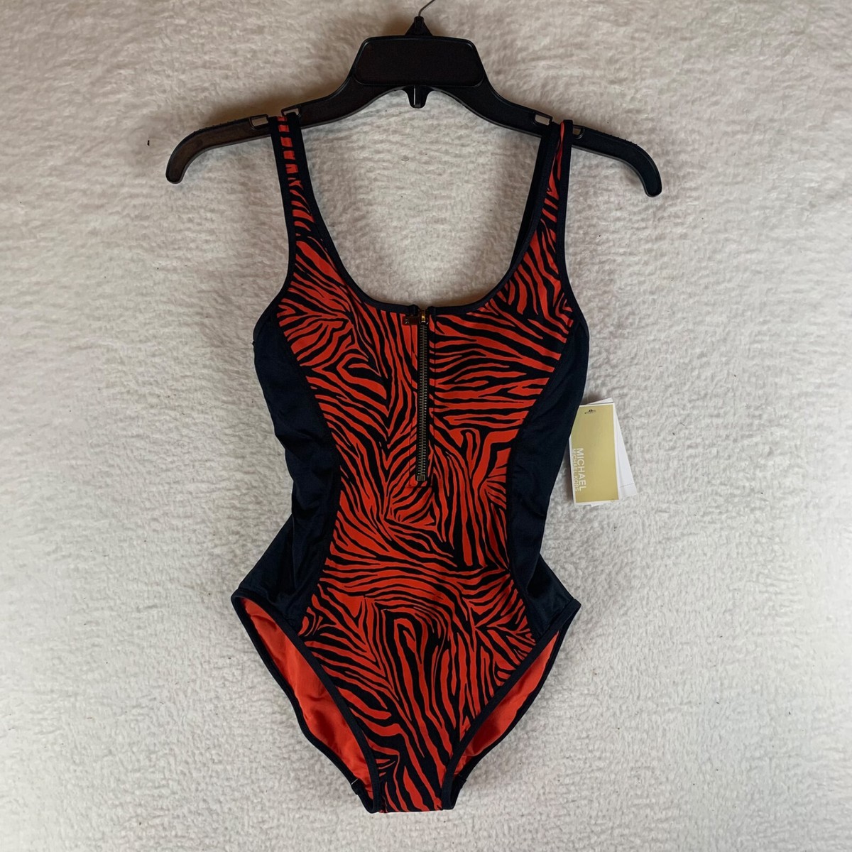 Michael Kors Women's Zip Front Red BLK Zebra Print One Piece
