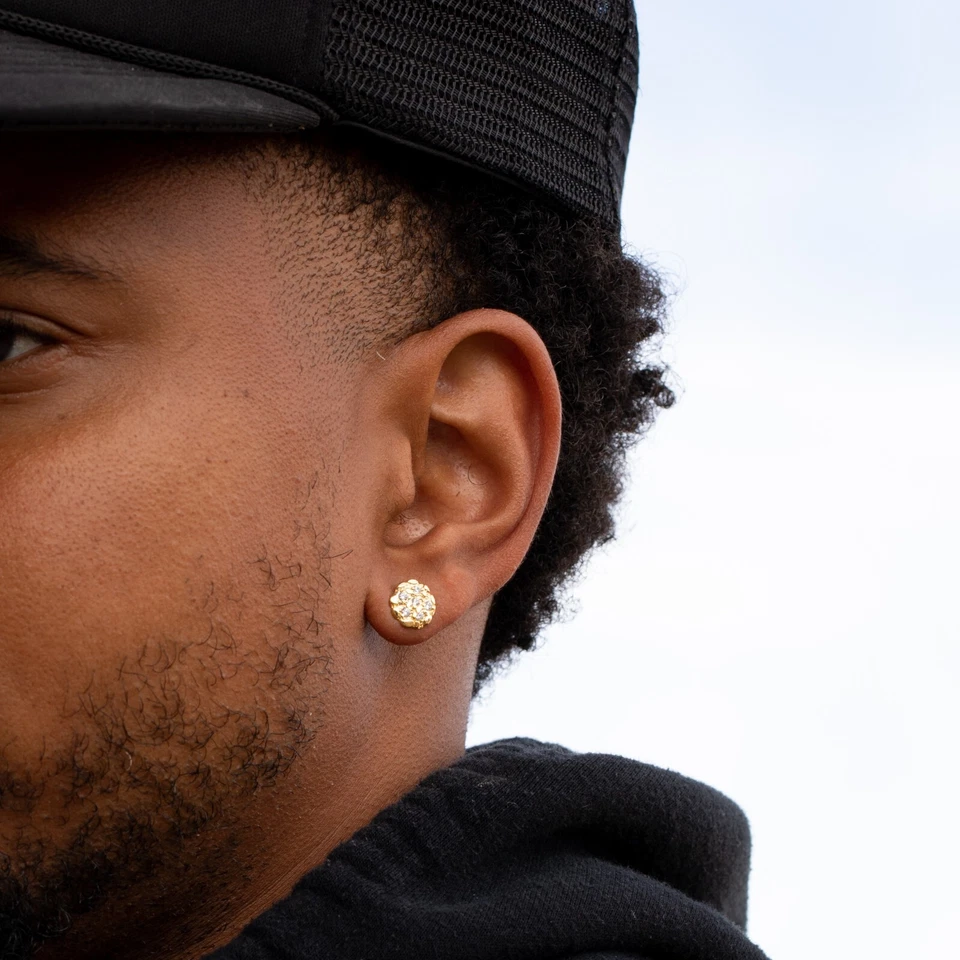 Aretes redondos de oro amarillo de plata esterlina círculo helado pepita tornillo trasero Foto 3 de 4