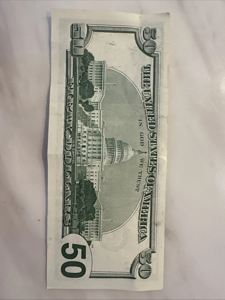 50-долларовая банкнота 1996 г. со смещенным центром - Изображение 3 из 4