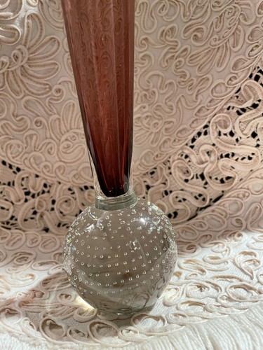 Cranberry Glass Bud Vase with Clear Glass Controlled Bubble Base - Picture 4 of 7