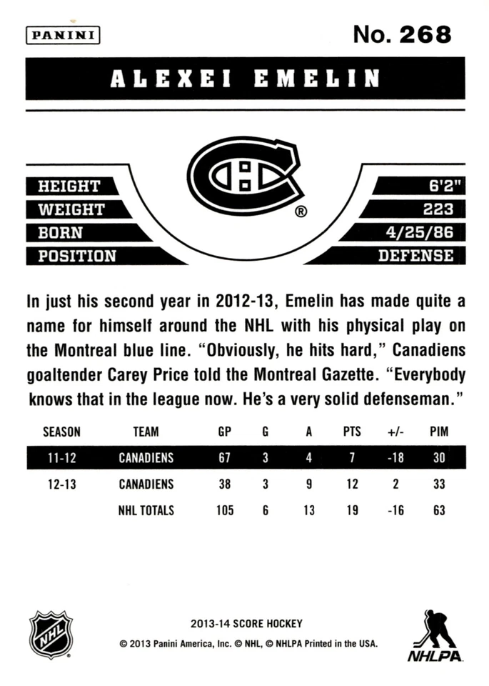 Alexei Emelin - Signed 2013-14 Panini Score Card #268 - Image 2 of 2