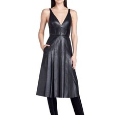 Women's Genuine Lambskin Leather Black V neck Sleeveless Vintage Dress - 85